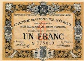 Billet de la Chambre de Commerce d'Evreux - 1 franc - délibération du 11 janvier 1917 - n° 778,010
