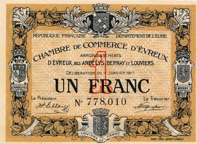 Billet de la Chambre de Commerce d'Evreux - 1 franc - d�lib�ration du 11 janvier 1917 - n� 778,010