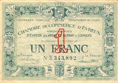 Billet de la Chambre de Commerce d'Evreux - 1 franc - d�lib�ration du 17 novembre 1921
