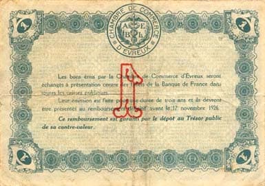 Billet de la Chambre de Commerce d'Evreux - 1 franc - d�lib�ration du 17 novembre 1921