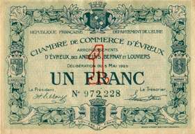 Billet de la Chambre de Commerce d'Evreux - 1 franc - délibération du 5 mai 1920