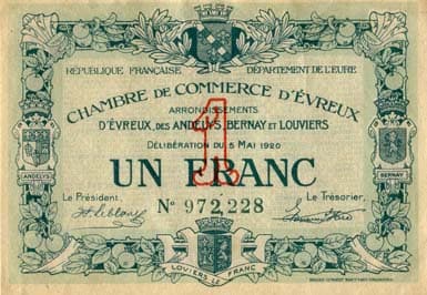 Billet de la Chambre de Commerce d'Evreux - 1 franc - d�lib�ration du 5 mai 1920