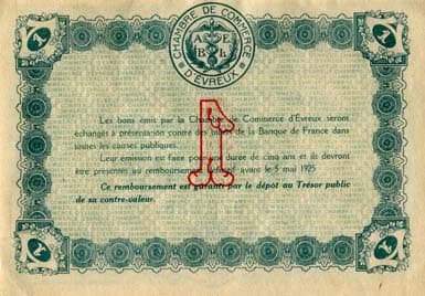 Billet de la Chambre de Commerce d'Evreux - 1 franc - d�lib�ration du 5 mai 1920