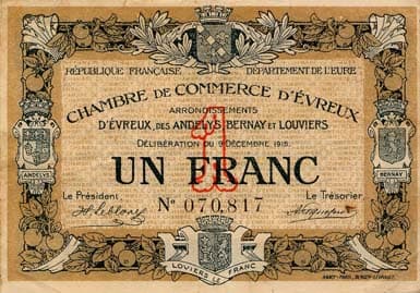 Billet de la Chambre de Commerce d'Evreux - 1 franc - d�lib�ration du 9 d�cembre 1915