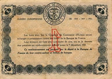 Billet de la Chambre de Commerce d'Evreux - 1 franc - d�lib�ration du 9 d�cembre 1915