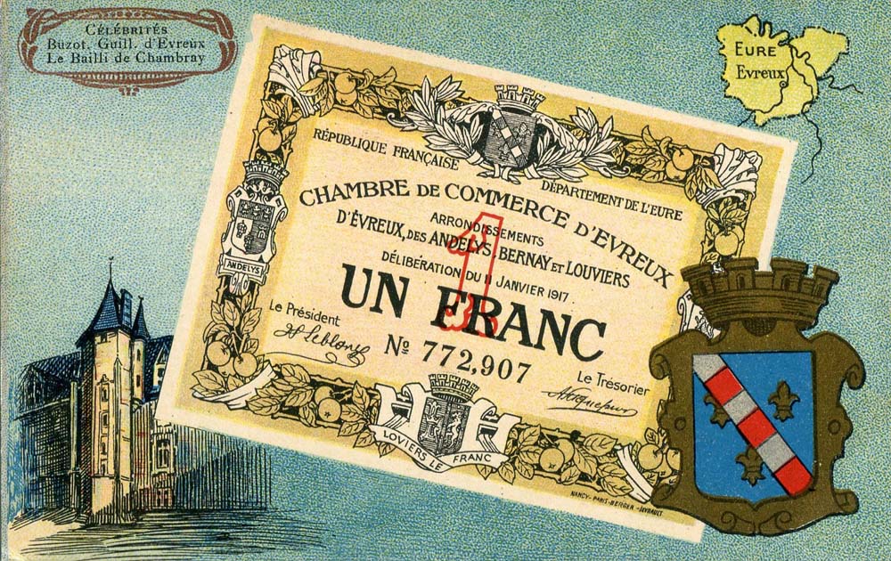 Carte postale représentant un billet de 1 franc - délibération du 11 janvier 1917 - n° 772,907 - de la Chambre de Commerce d'Evreux