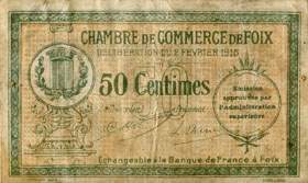 Billet de la Chambre de Commerce de Foix - 50 centimes - d�lib�ration du 2 f�vrier 1915 - imprimeur Cassan Ain� - sp�cimen