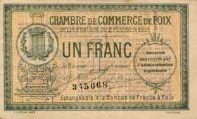 Billet de la Chambre de Commerce de Foix - 1 franc - d�lib�ration du 2 f�vrier 1915 - imprimeur Cassan Ain�