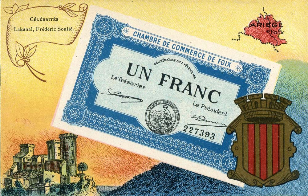 Carte postale repr�sentant un billet de 1 franc - d�lib�ration du 7 f�vrier 1916 n� 227393 - de la Chambre de Commerce de Foix