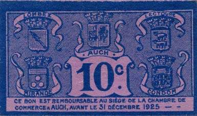 Billet de la Chambre de Commerce du Gers - 10 centimes - remboursable avant le 31 d�cembre 1925 -  s�rie A