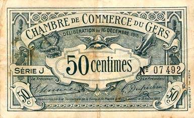 Billet de la Chambre de Commerce du Gers - 50 centimes - d�lib�ration du 16 d�cembre 1916