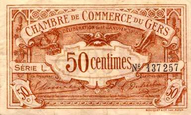 Billet de la Chambre de Commerce du Gers - 50 centimes - délibération du 17 janvier 1918
