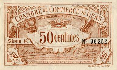Billet de la Chambre de Commerce du Gers - 50 centimes - d�lib�ration du 17 janvier 1918 - s�rie K - n� 96352