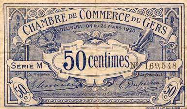 Billet de la Chambre de Commerce du Gers - 50 centimes - d�lib�ration du 26 mars 1920