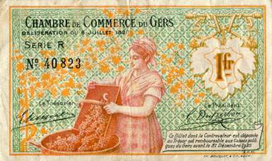 Billet de la Chambre de Commerce du Gers - 1 franc - d�lib�ration du 6 juillet 1921 - s�rie R - n�40823