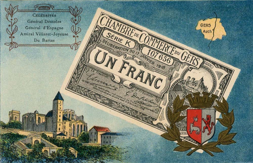 Carte postale repr�sentant un billet de 1 franc - d�lib�ration du 17 janvier 1916 - s�rie K - n� 107656 - de la Chambre de Commerce du Gers
