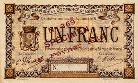Billet de la Chambre de Commerce de Granville - 1 franc - d�lib�ration du 19 juillet 1915 - n�369 sp�cimen 15 f�vrier 1916