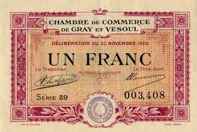 Billet de la Chambre de Commerce de Gray & Vesoul - 1 franc - d�lib�ration du 30 novembre 1920 - s�rie 59