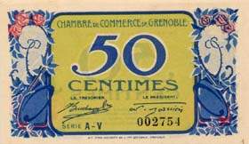 Billet de la Chambre de Commerce de Grenoble - 50 centimes avec nom du graveur et avec liser� blanc - s�rie A-V