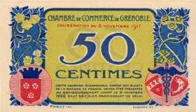 Billet de la Chambre de Commerce de Grenoble - 50 centimes avec nom du graveur et avec liser� blanc - s�rie A-V
