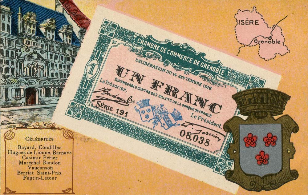 Carte postale repr�sentant un billet de 1 franc - d�lib�ration du 14 septembre 1916 - s�rie 191 - n� 08,038 - de la Chambre de Commerce de Grenoble