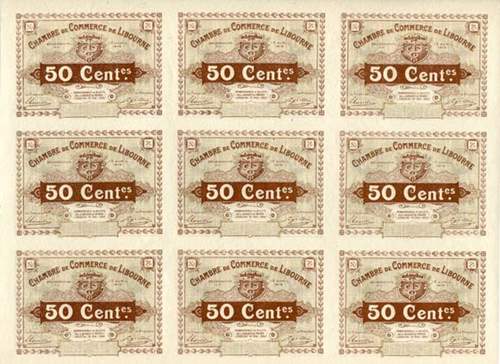 Billet de la Chambre de Commerce de Libourne - 50 centimes - d�lib�ration du 13 avril 1915 - planche de 9 non d�coup�e - sp�cimen