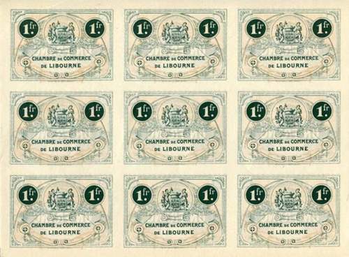 Billet de la Chambre de Commerce de Libourne - 1 franc - d�lib�ration du 13 avril 1915 - planche de 9 non d�coup�e - sp�cimen