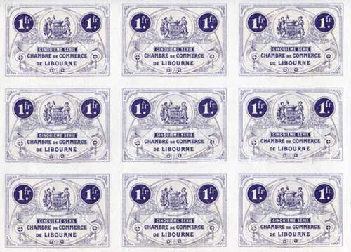 Billet de la Chambre de Commerce de Libourne - 1 franc - d�lib�ration du 20 juin 1918 - Cinqui�me s�rie - planche de 9 non d�coup�e - sp�cimen