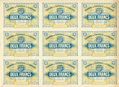 Billet de la Chambre de Commerce de Libourne - 2 francs - d�lib�ration du 13 avril 1915 - planche de 9 non d�coup�e - sp�cimen