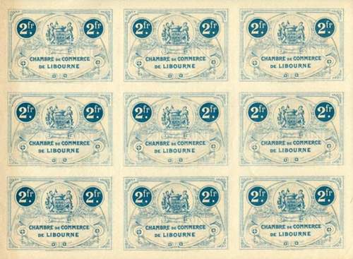 Billet de la Chambre de Commerce de Libourne - 2 francs - d�lib�ration du 13 avril 1915 - planche de 9 non d�coup�e - sp�cimen