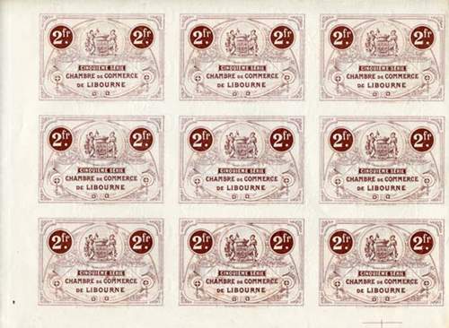 Billet de la Chambre de Commerce de Libourne - 2 francs - d�lib�ration du 20 juin 1918 - Cinqui�me s�rie - planche de 9 non d�coup�e - sp�cimen