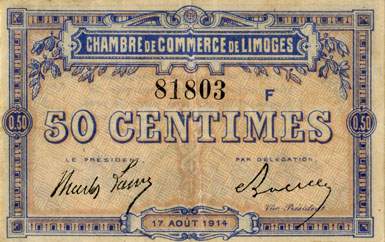 Billet de la Chambre de Commerce de Limoges - 50 centimes - 17 ao�t 1914 - lettre F - n� 81803