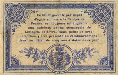 Billet de la Chambre de Commerce de Limoges - 50 centimes - 17 ao�t 1914 - lettre F - n� 81803