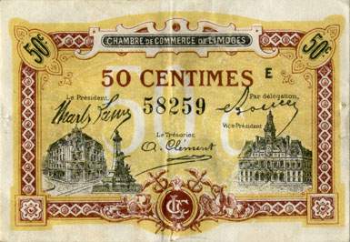 Billet de la Chambre de Commerce de Limoges - 50 centimes - remboursement avant le 1er janvier 1923 - Lettre E - n� 58259
