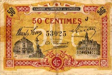 Billet de la Chambre de Commerce de Limoges - 50 centimes - remboursement avant le 1er janvier 1923