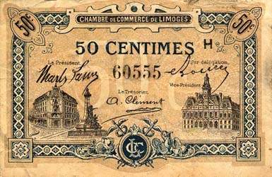 Billet de la Chambre de Commerce de Limoges - 50 centimes - remboursement avant le 1er octobre 1919 - s�rie&nbsp;H - n�&nbsp;60555