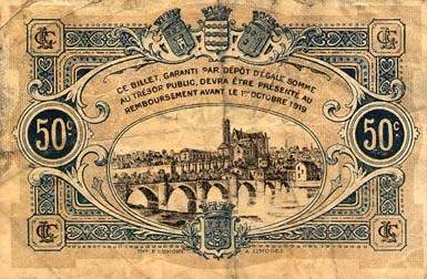 Billet de la Chambre de Commerce de Limoges - 50 centimes - remboursement avant le 1er octobre 1919 - s�rie&nbsp;H - n�&nbsp;60555
