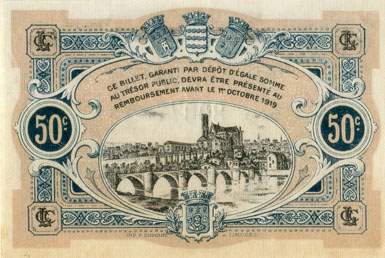 Billet de la Chambre de Commerce de Limoges - 50 centimes - remboursement avant le 1er octobre 1919 - s�rie&nbsp;B - n�&nbsp;80077