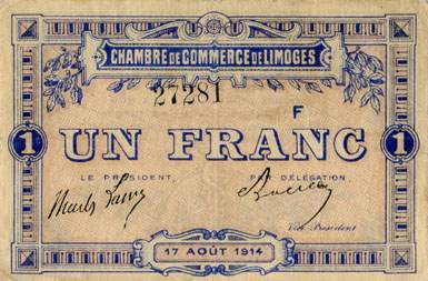 Billet de la Chambre de Commerce de Limoges - 1 franc - 17 ao�t 1914 - s�rie F - n� 27281