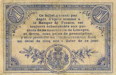Billet de la Chambre de Commerce de Limoges - 1 franc - 17 ao�t 1914 - s�rie F - n� 27281