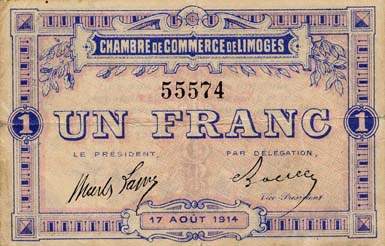 Billet de la Chambre de Commerce de Limoges - 1 franc - 17 ao�t 1914 - sans lettre de s�rie