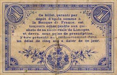Billet de la Chambre de Commerce de Limoges - 1 franc - 17 ao�t 1914 - sans lettre de s�rie