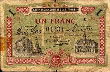 Billet de la Chambre de Commerce de Limoges - 1 franc - remboursement avant le 1er janvier 1923 - Lettre E - n� 04234