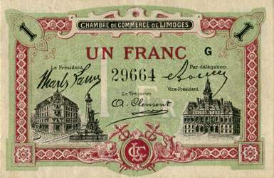 Billet de la Chambre de Commerce de Limoges - 1 franc - remboursement avant le 1er janvier 1923 - Lettre G - n� 29664