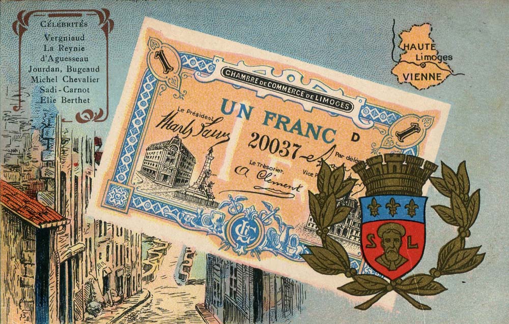 Carte postale repr�sentant un billet de 1 franc n� 20037 de la Chambre de Commerce de Limoges