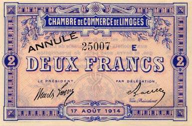Billet de la Chambre de Commerce de Limoges - 2 francs - 17 ao�t 1914 - s�rie E - annul�