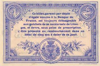Billet de la Chambre de Commerce de Limoges - 2 francs - 17 ao�t 1914 - s�rie E - annul�