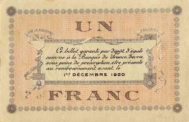 Billet de la Chambre de Commerce de Lons-le-Saunier - 1 franc - remboursement avant le 1er d�cembre 1920 - s�rie 290 - n� 010,735