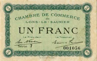 Billet de la Chambre de Commerce de Lons-le-Saunier - 1 franc - remboursement avant le 31 d�cembre 1925 - s�rie 7 - n� 001056