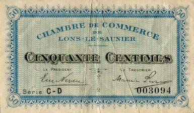 Billet de la Chambre de Commerce de Lons-le-Saunier - 50 centimes - remboursement avant le 31 d�cembre 1925 - s�rie C-D - n�003094
